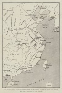 Den kinesiska krisen, Port Arthurs och Kiau-Chiaus positioner, ockuperade av Ryssland och Tyskland, med namnen på fördragets hamnar och städer understrukna